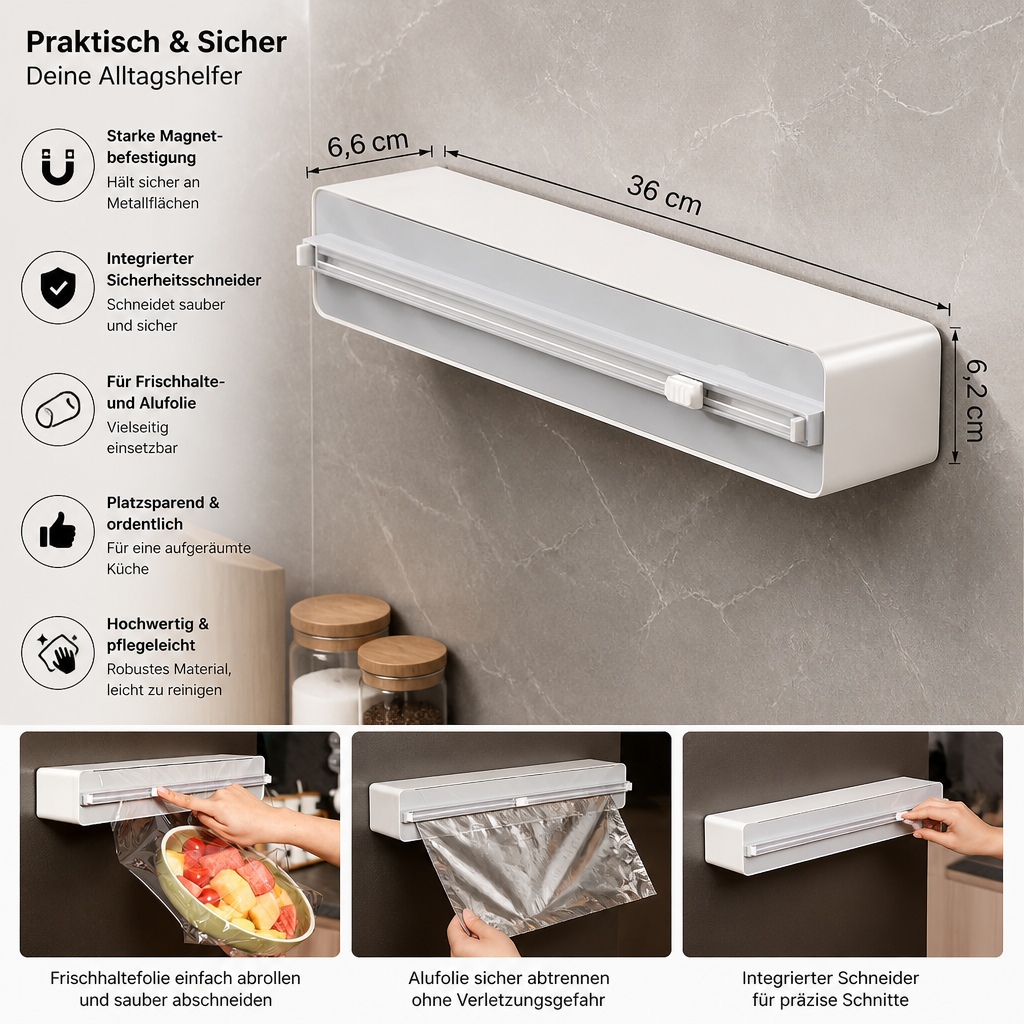 Magnetischer Wandspender für Alufolie und Frischhaltefolie mit Sicherheitsschneider