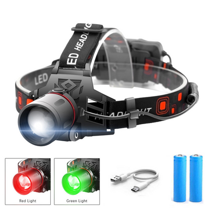 Wiederaufladbare LED Stirnlampe mit Weiß-, Rot- und Grünlicht – Leistungsstarke Kopflampe mit USB und Akku