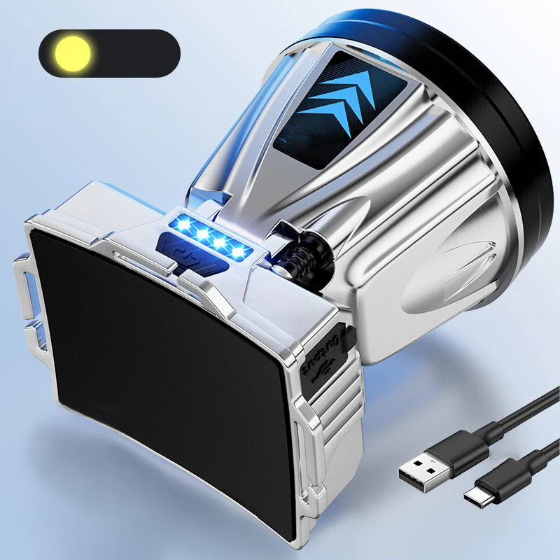 Breitstrahlende LED-Stirnlampe mit Powerbank-Funktion und USB-Ladeanschluss