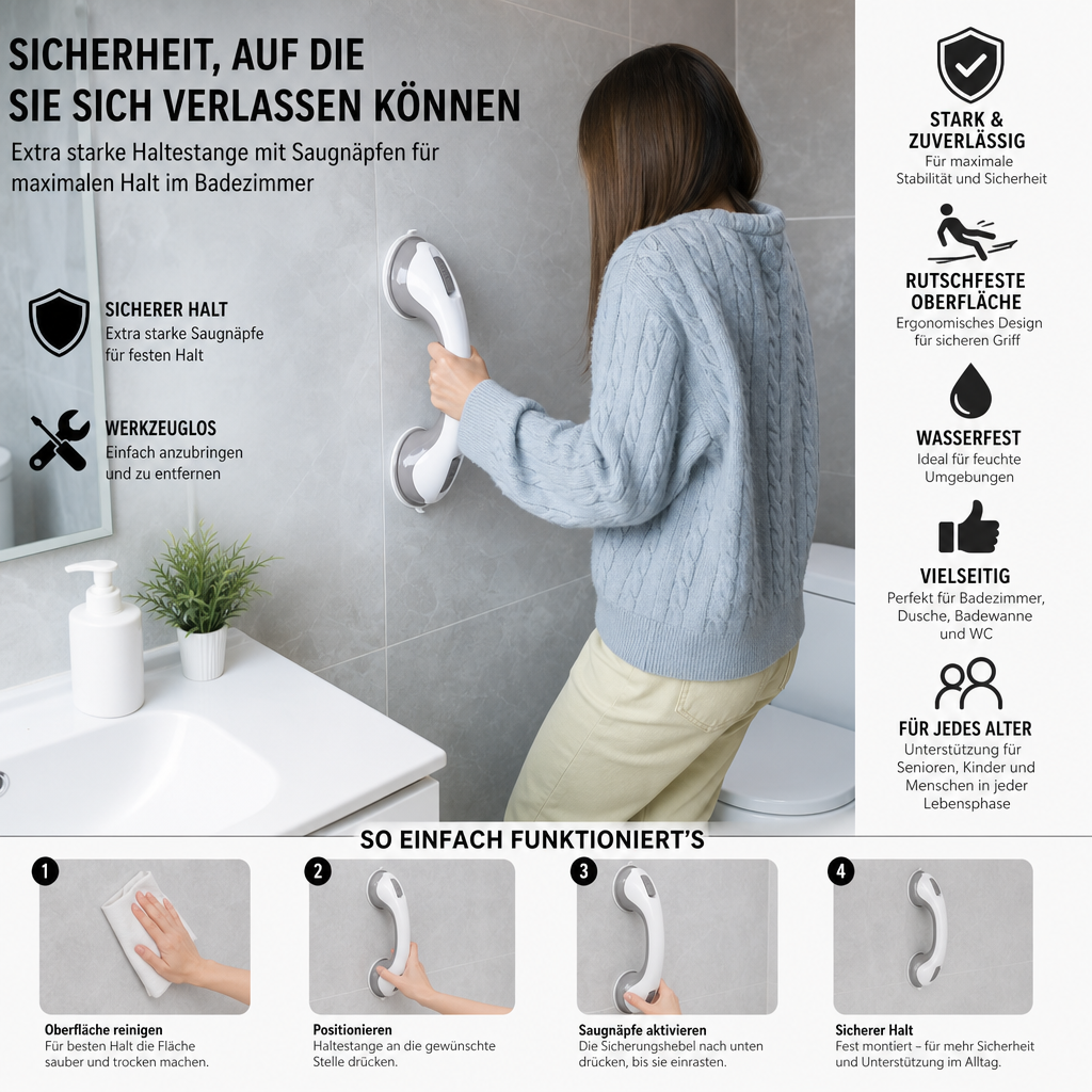 Extra starke Sicherheits-Haltestange mit Saugnäpfen – Rutschfester Haltegriff fürs Badezimmer
