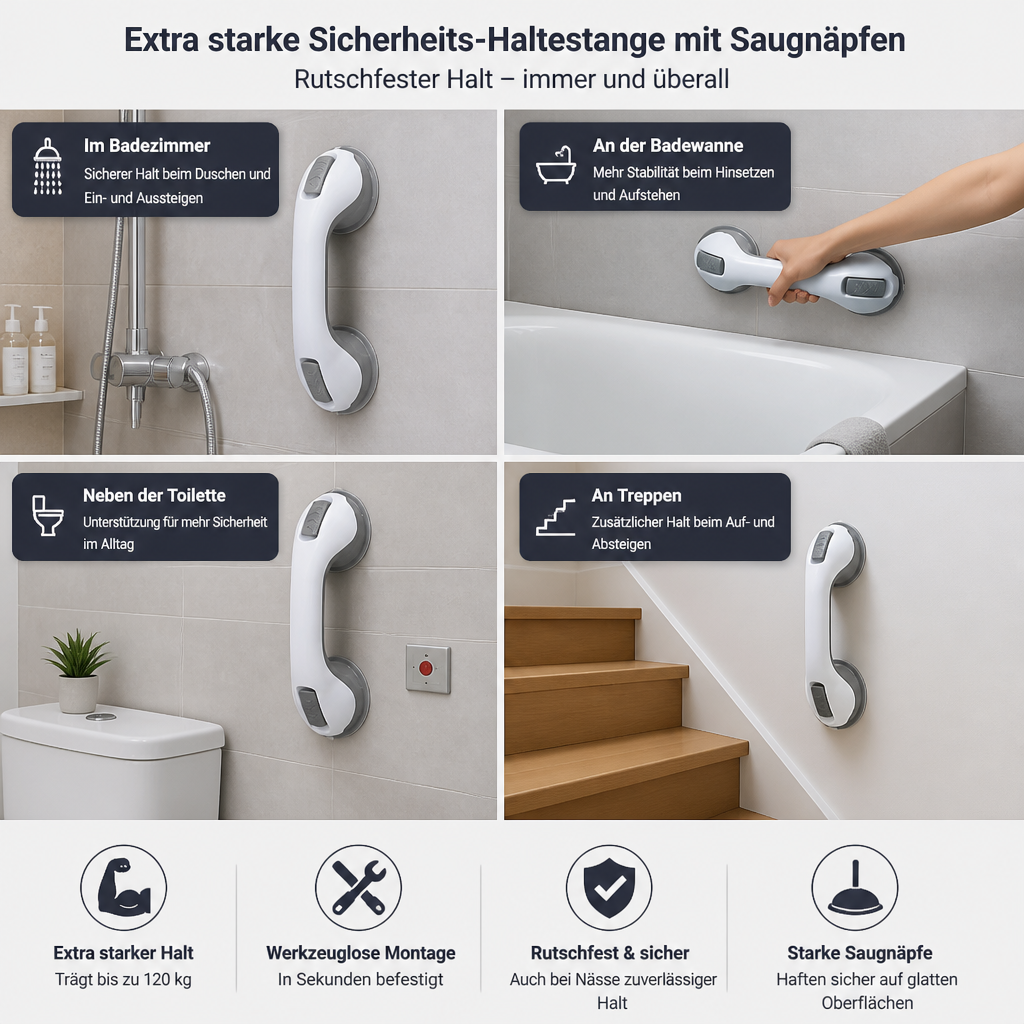 Extra starke Sicherheits-Haltestange mit Saugnäpfen – Rutschfester Haltegriff fürs Badezimmer