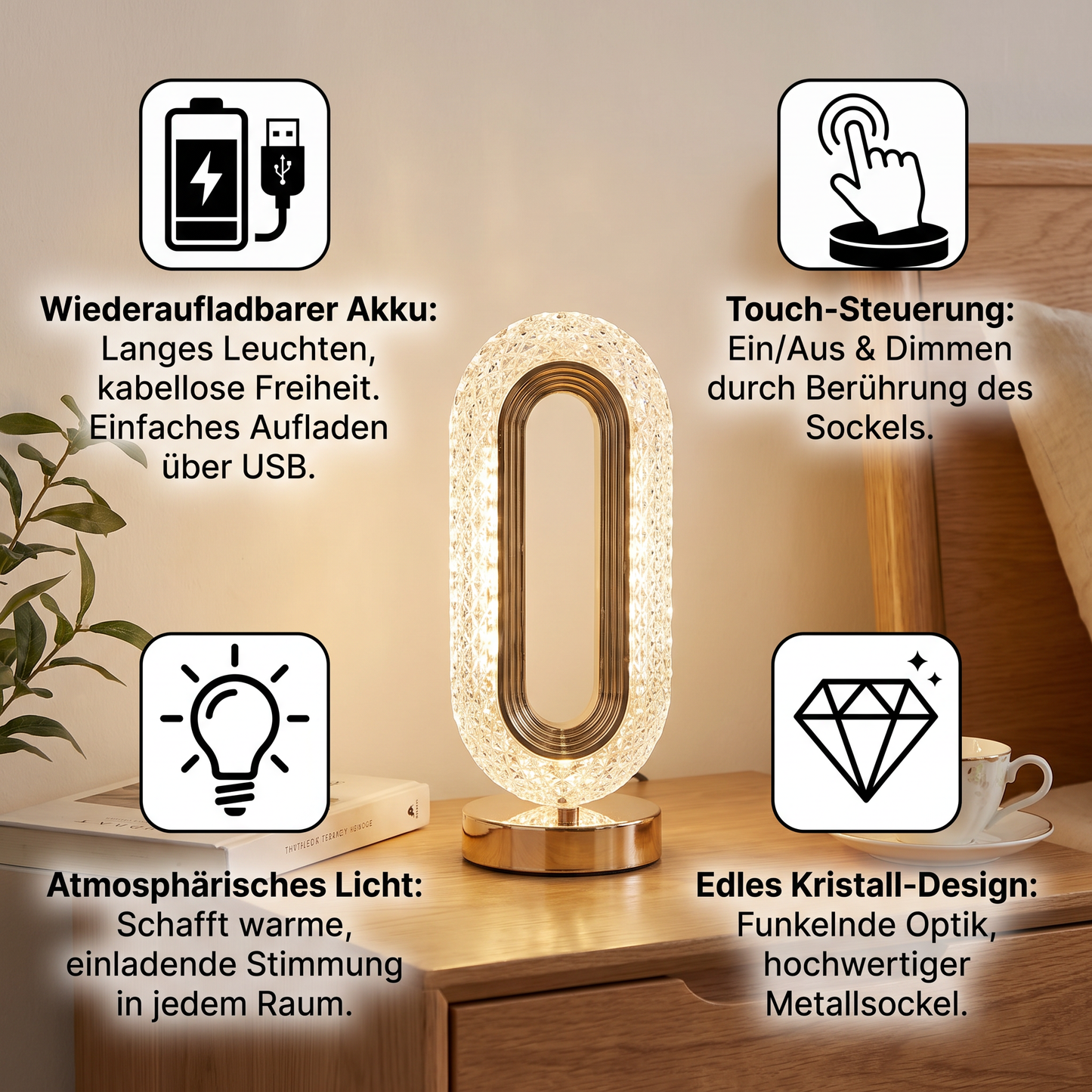 Wiederaufladbare Kristall-LED-Tischlampe – Elegantes stimmungsvolles Nachtlicht