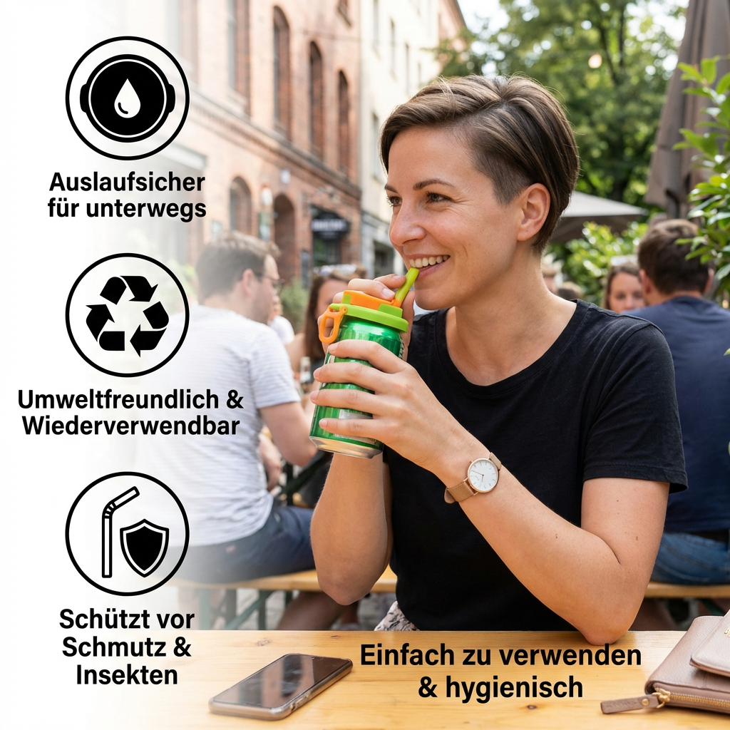 2-in-1 wiederverwendbarer Silikon-Dosenverschluss mit Strohhalmen – auslaufsicherer Getränkedeckel für unterwegs (2er-Set)