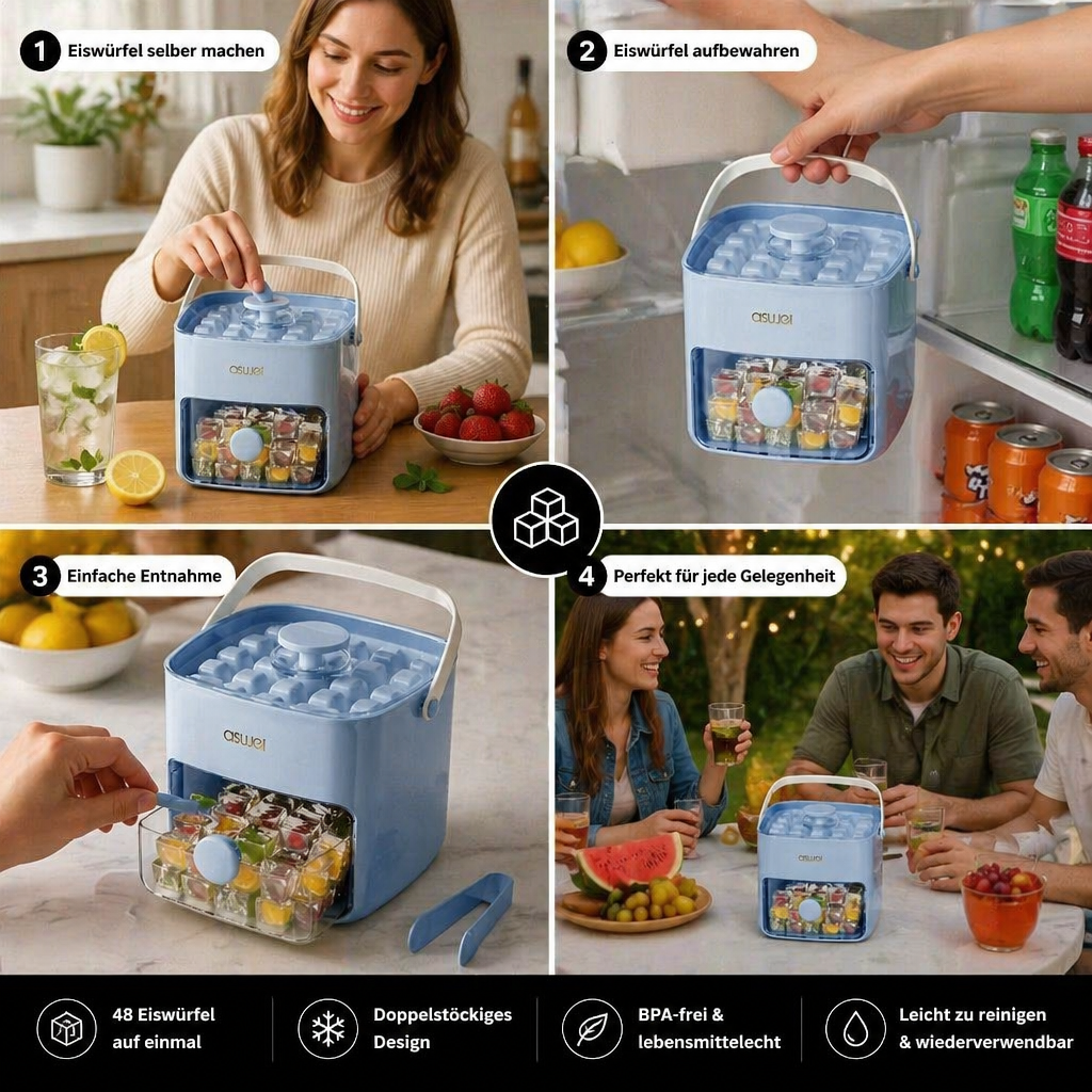 2-in-1 Eiswürfel-Maker mit Aufbewahrungsbox – 48 Eiswürfel, Doppel-Des – Heim Trend