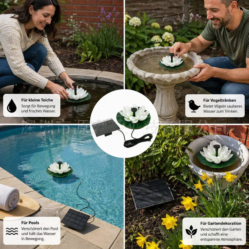 Solarbetriebener Lotusbrunnen – schwimmender Gartenbrunnen für Pool & Teich