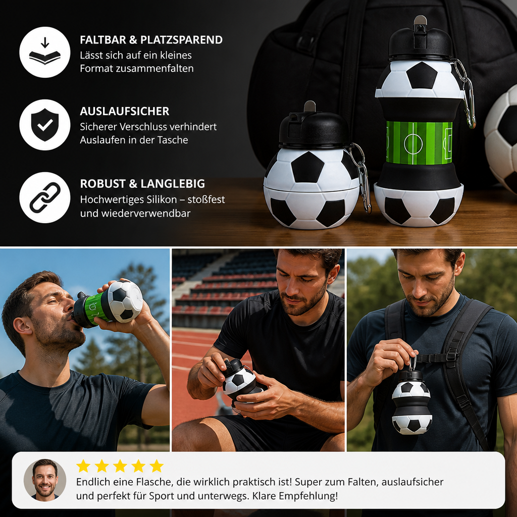 Faltbare und strapazierfähige Fußball-Trinkflasche aus Silikon