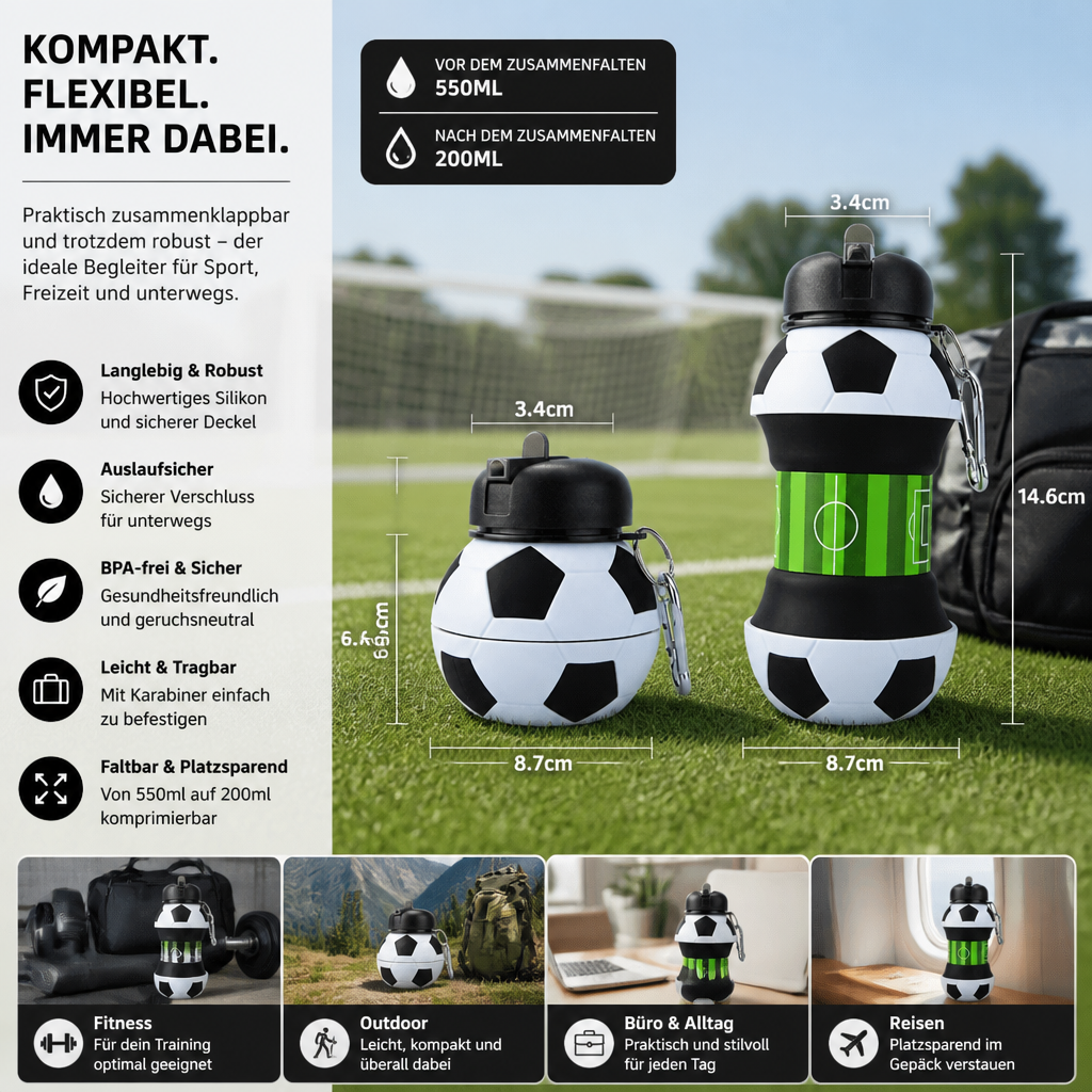Faltbare und strapazierfähige Fußball-Trinkflasche aus Silikon