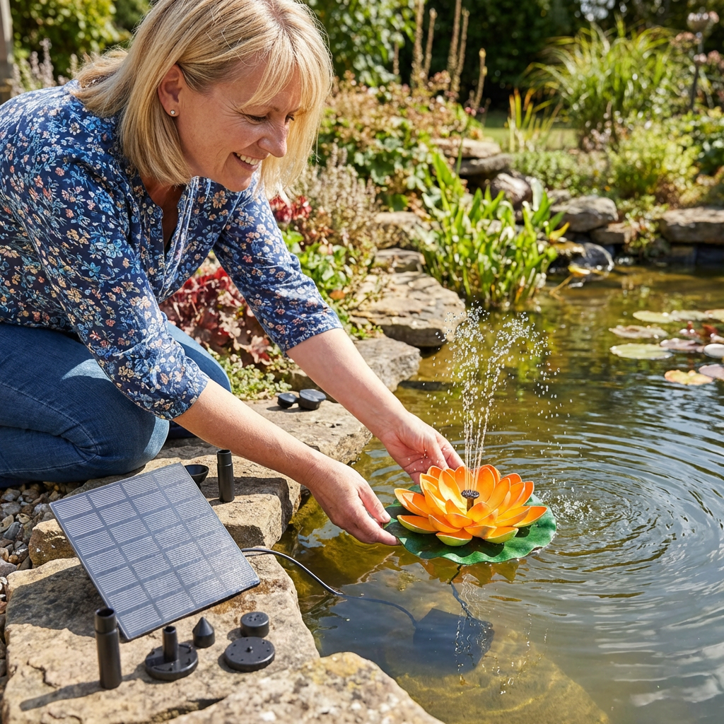 Solarbetriebener Lotusbrunnen – schwimmender Gartenbrunnen für Pool & Teich
