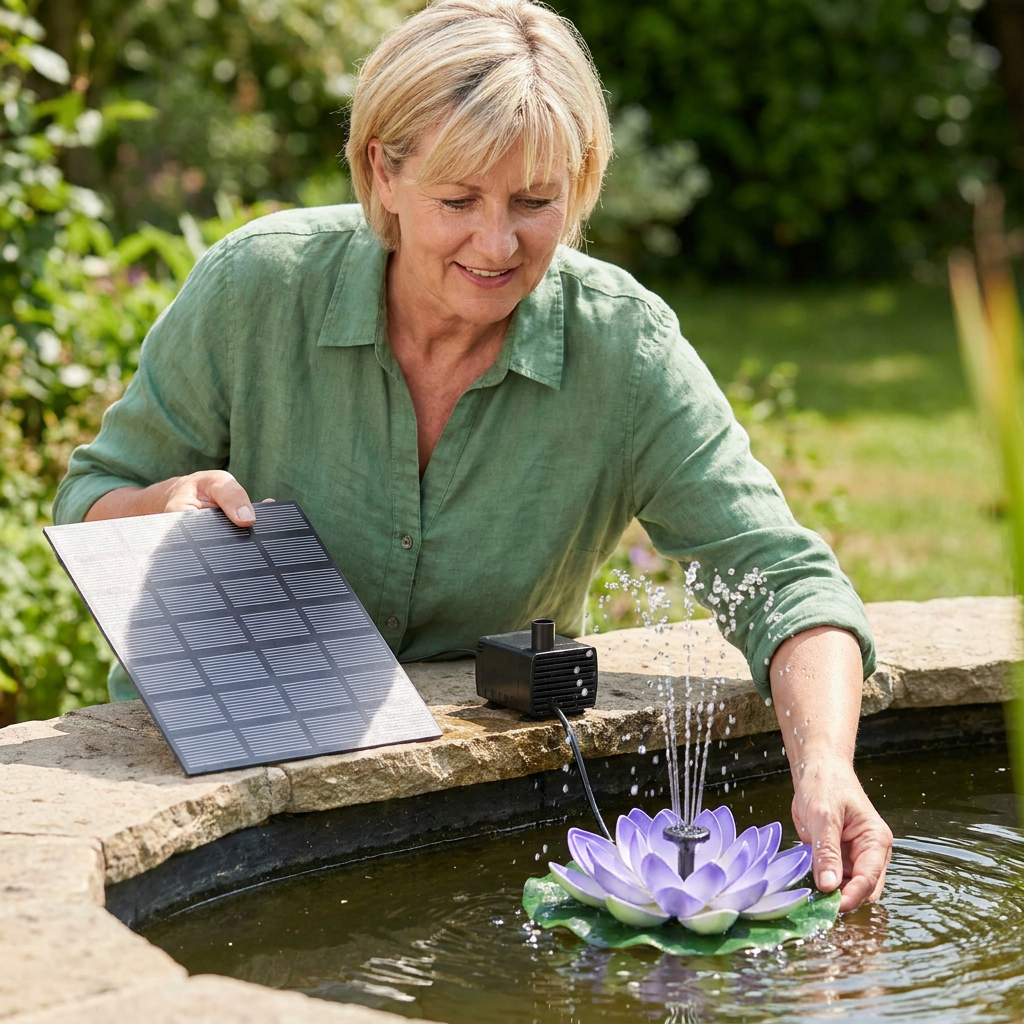 Solarbetriebener Lotusbrunnen – schwimmender Gartenbrunnen für Pool & Teich