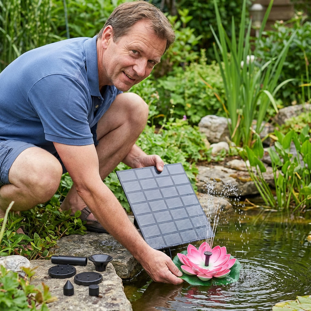 Solarbetriebener Lotusbrunnen – schwimmender Gartenbrunnen für Pool & Teich