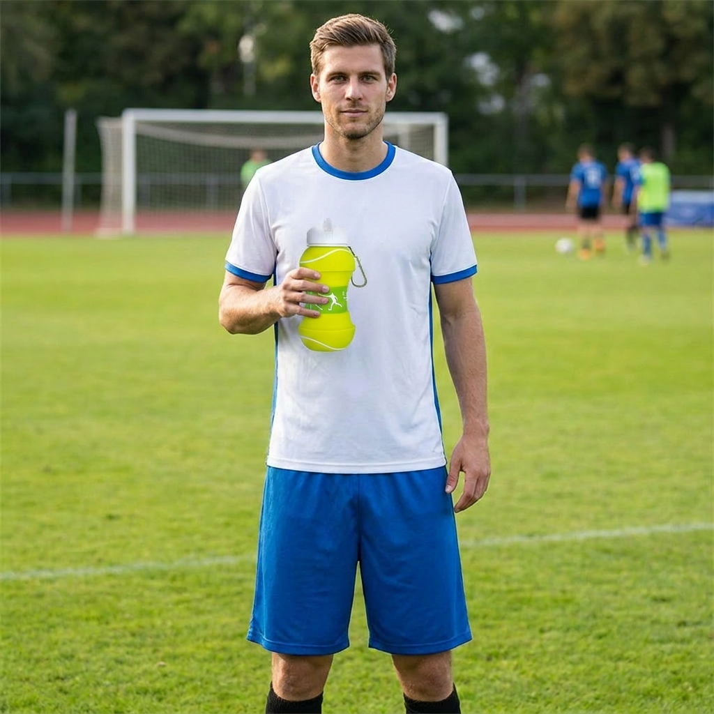 Faltbare und strapazierfähige Fußball-Trinkflasche aus Silikon