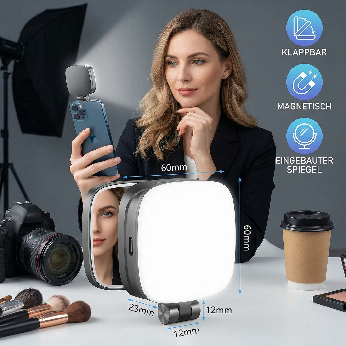 Magnetisches LED Selfie- & Beauty-Licht für Smartphones – Klappbar, tragbar mit Spiegel