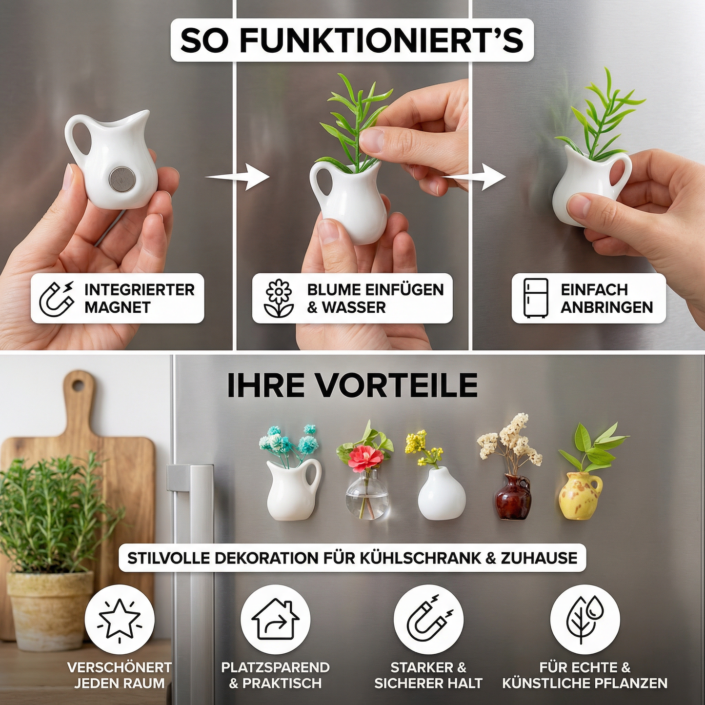 Mini Keramikvasen mit Magnet – Stilvolle Deko für Kühlschrank und Zuhause