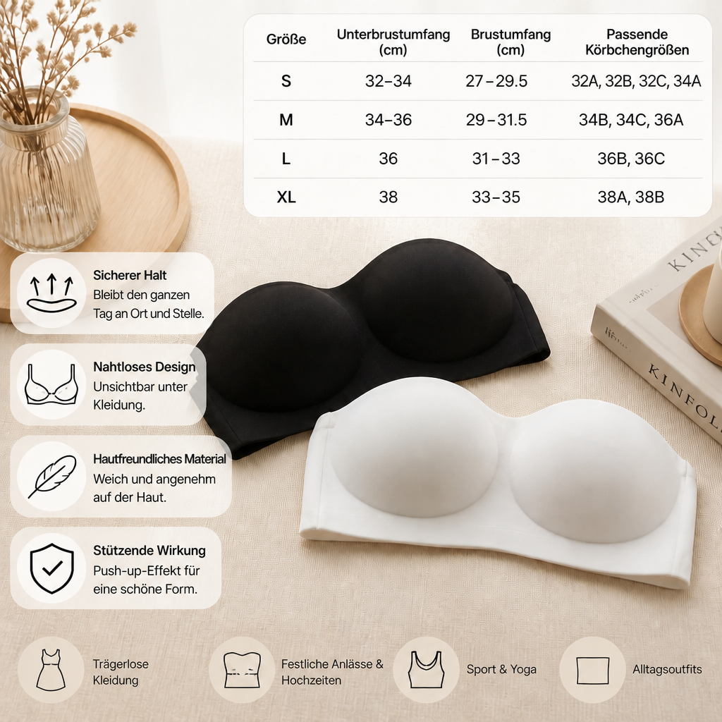Trägerloser Bandeau Push-Up BH – Rutschfest, stützend & nahtlos für maximalen Halt