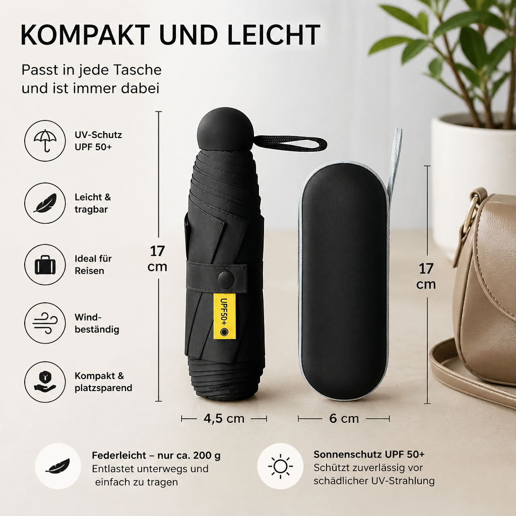 Leichter Mini-Reisesonnenschirm – passt in jede Tasche
