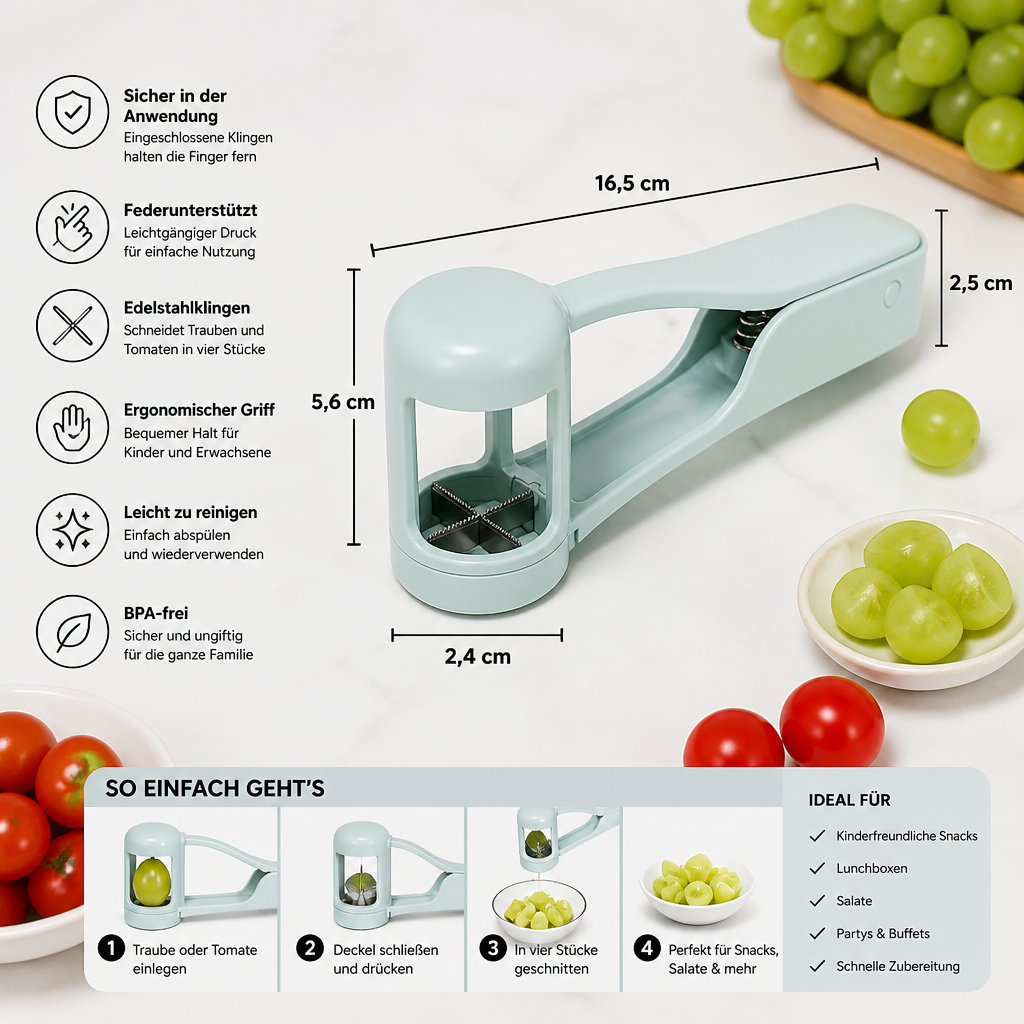 Edelstahl-Trauben- & Cherrytomaten-Schneider – Sicherer Einhand-Viertelschneider für Kleinkinder & Kinder