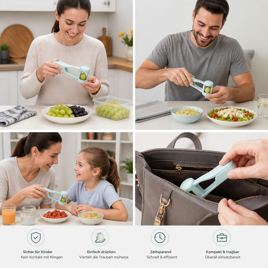 Edelstahl-Trauben- & Cherrytomaten-Schneider – Sicherer Einhand-Viertelschneider für Kleinkinder & Kinder