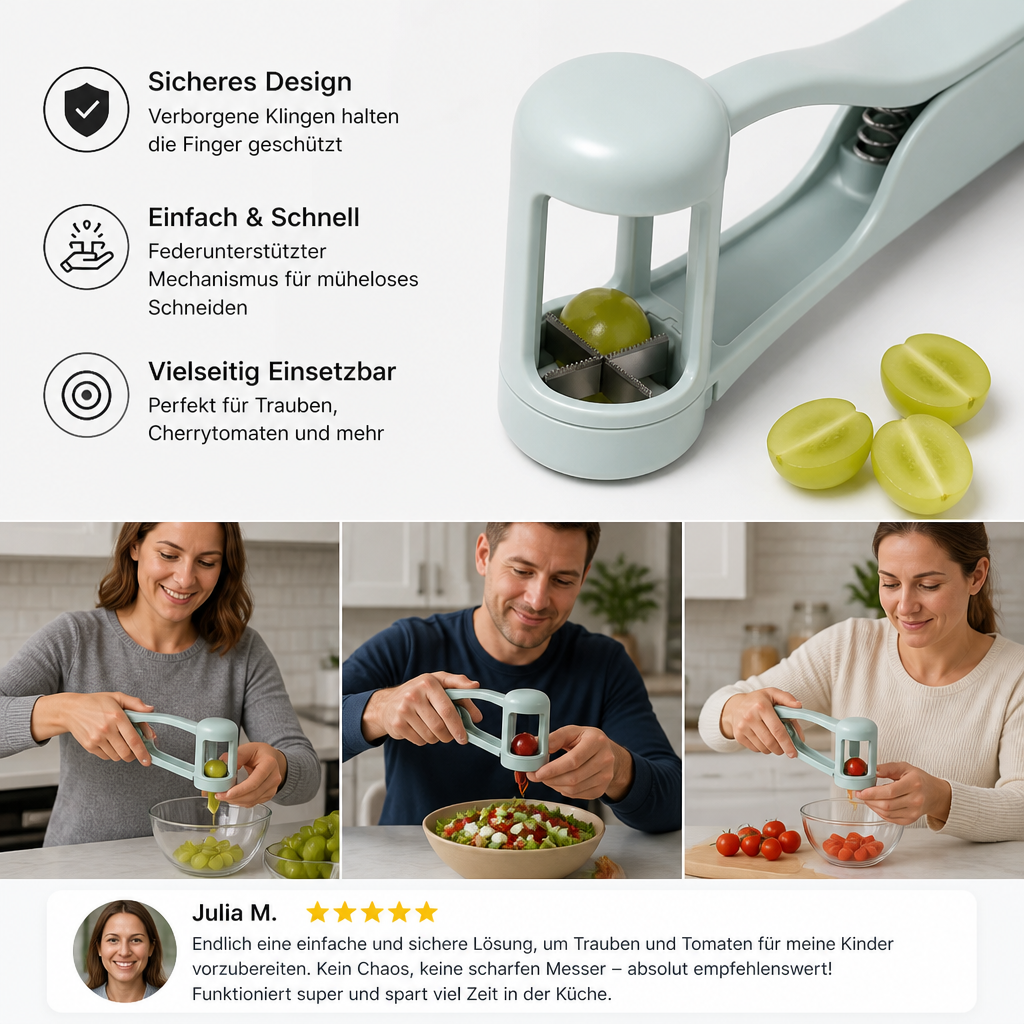 Edelstahl-Trauben- & Cherrytomaten-Schneider – Sicherer Einhand-Viertelschneider für Kleinkinder & Kinder
