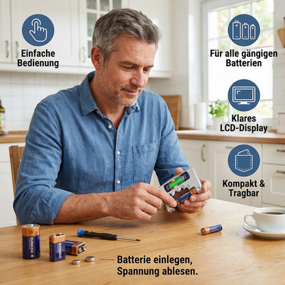 Digitaler Batterie-Tester mit LCD-Display – Kapazitätsprüfer für AA, AAA, C, D, 9V & Knopfzellen