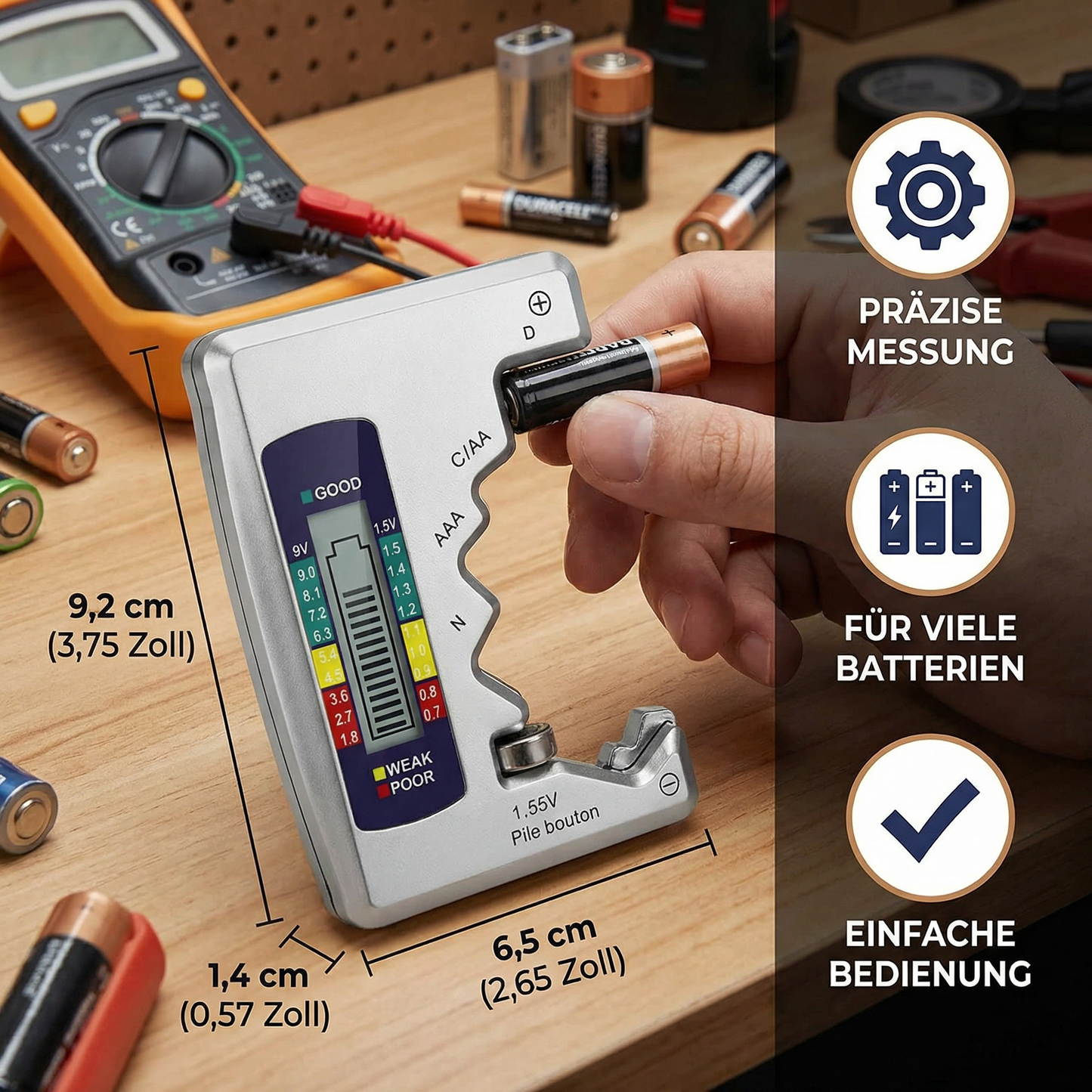 Digitaler Batterie-Tester mit LCD-Display – Kapazitätsprüfer für AA, AAA, C, D, 9V & Knopfzellen