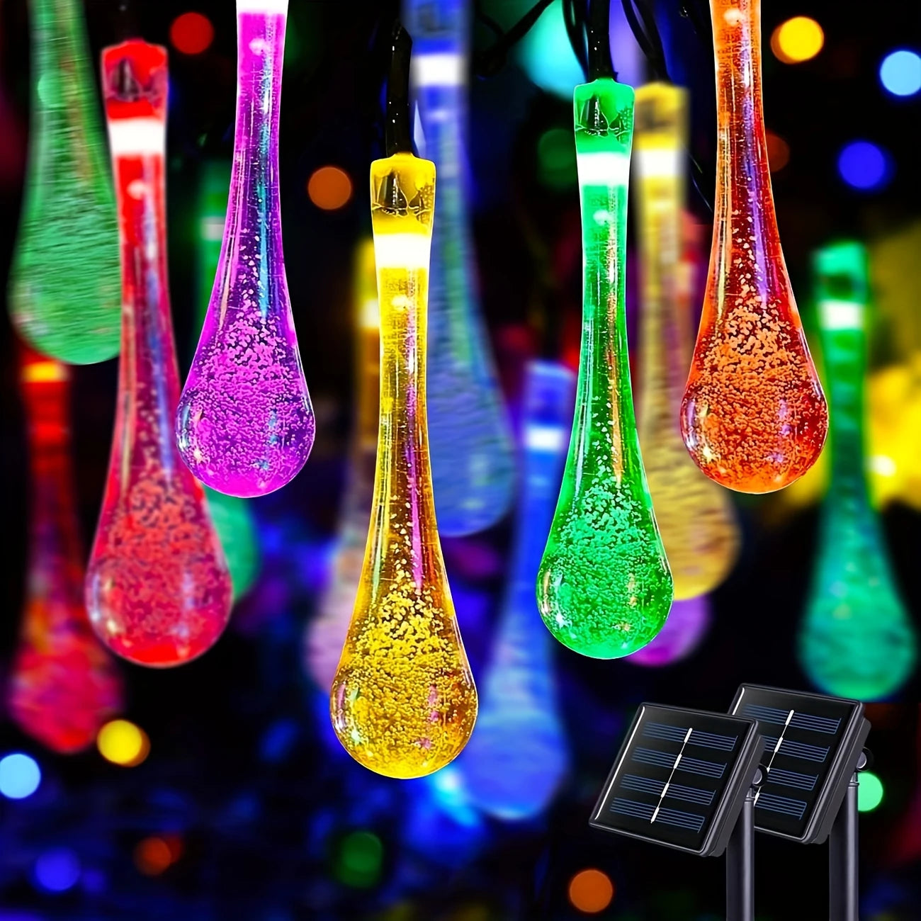 Solar LED Lichterkette – Bunte Tropfenlichter für Garten, Terrasse und Dekoration