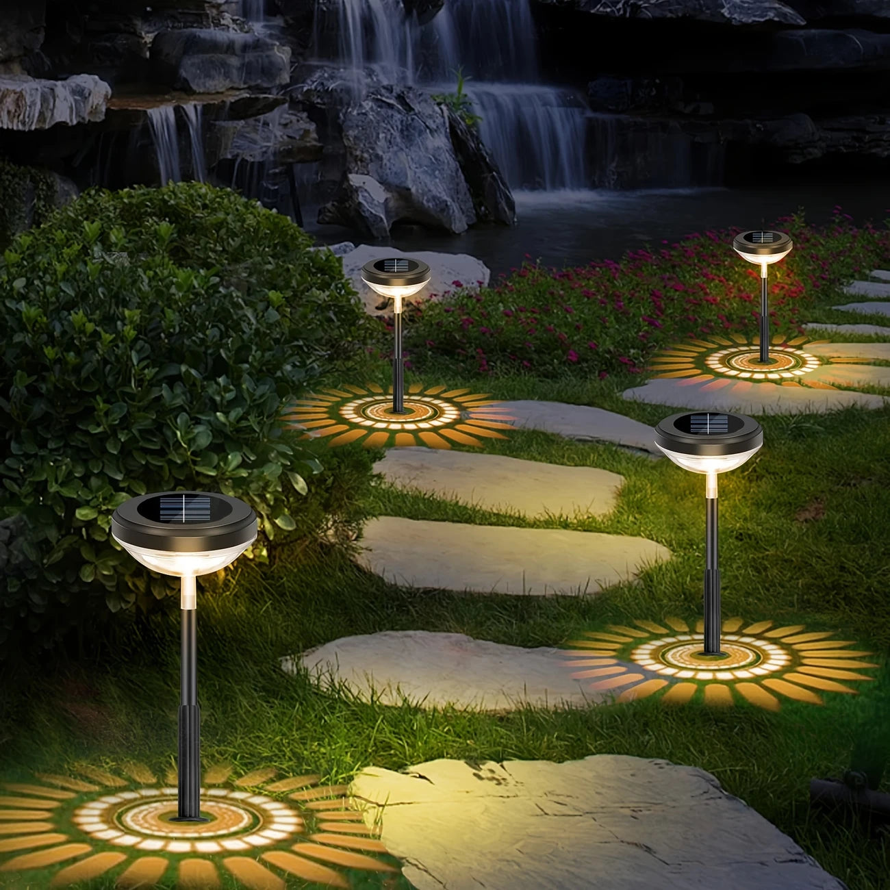 Solar Gartenlampe mit Farbwechsel – LED Gartenbeleuchtung für den Außenbereich mit Blütenmuster