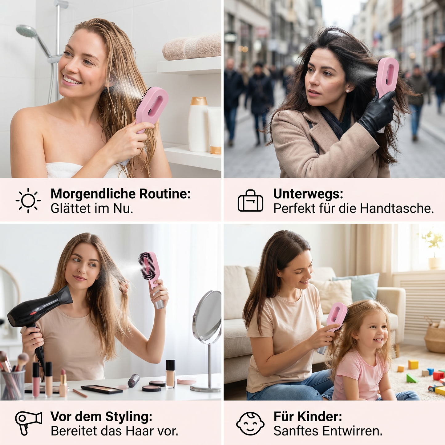 Anti-Frizz Sprüh-Haarbürste – Glättet abstehende Haare und erleichtert das Stylen von Frisuren