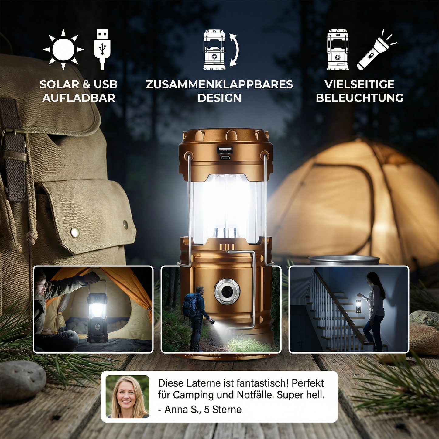 Solar Camping Laterne zusammen klappbar LED Solar USB wiederauf ladbare Laterne Taschenlampe