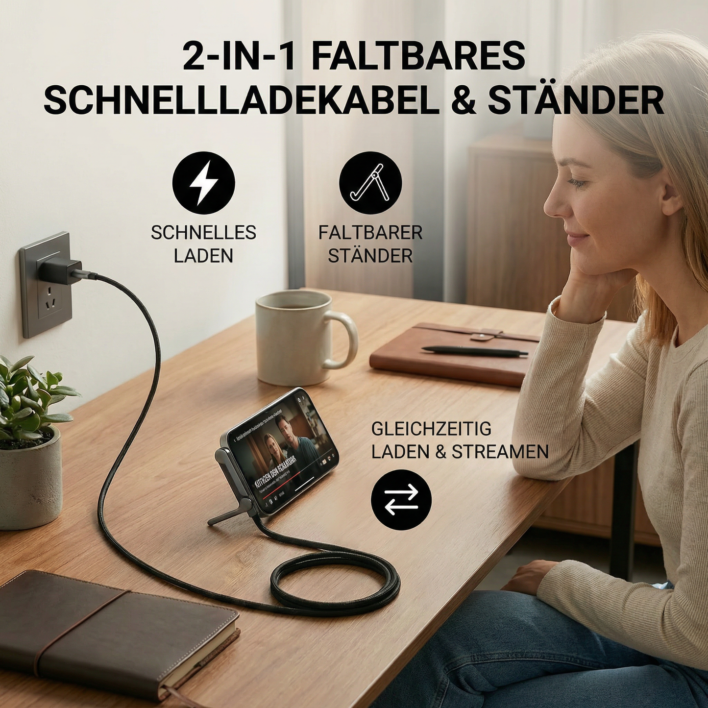 2in1 Faltbares Schnell Ladekabel und Telefon Ständer