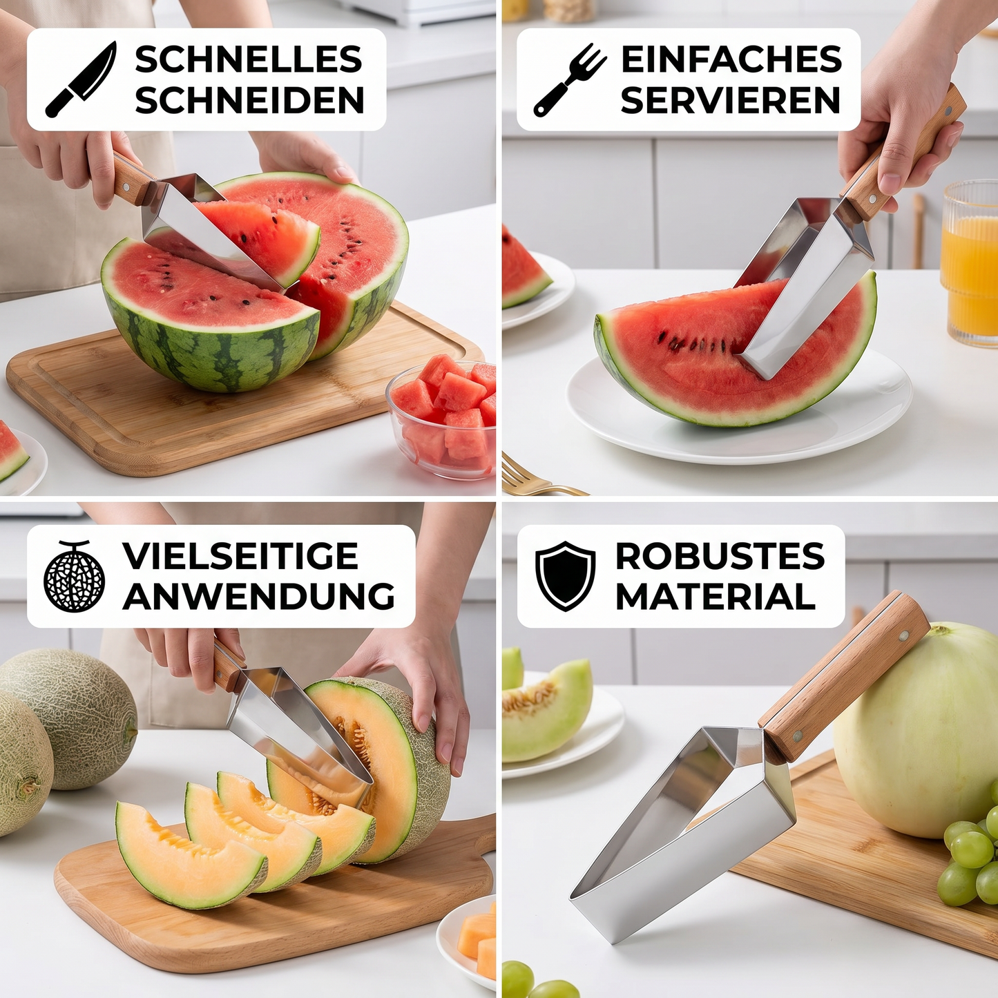 Wassermelonen-Schneider aus Edelstahl mit Holzgriff – Sauberes & schnelles Portionieren