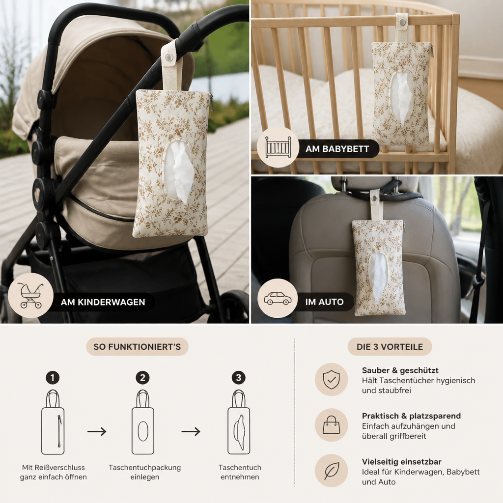 Hängender Taschentuchhalter für Kinderwagen, Babybett & Auto