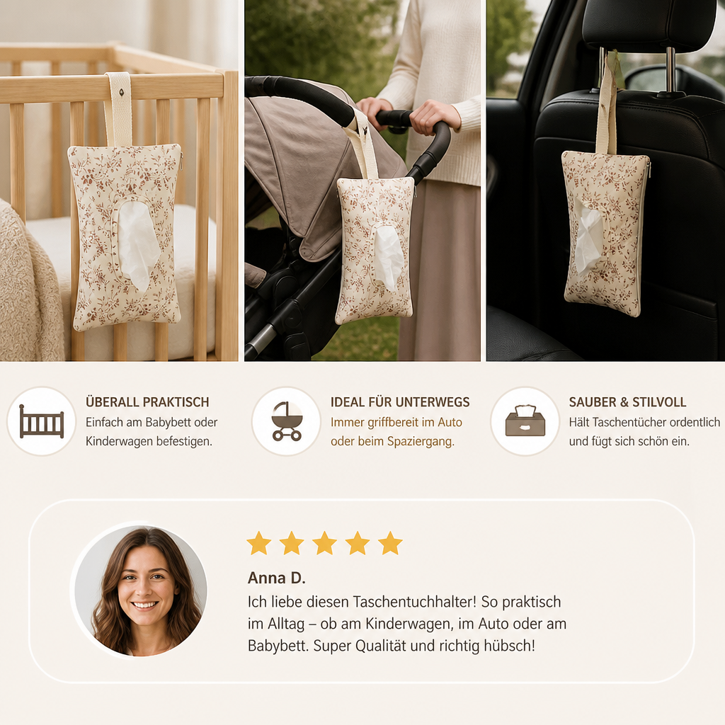 Hängender Taschentuchhalter für Kinderwagen, Babybett & Auto