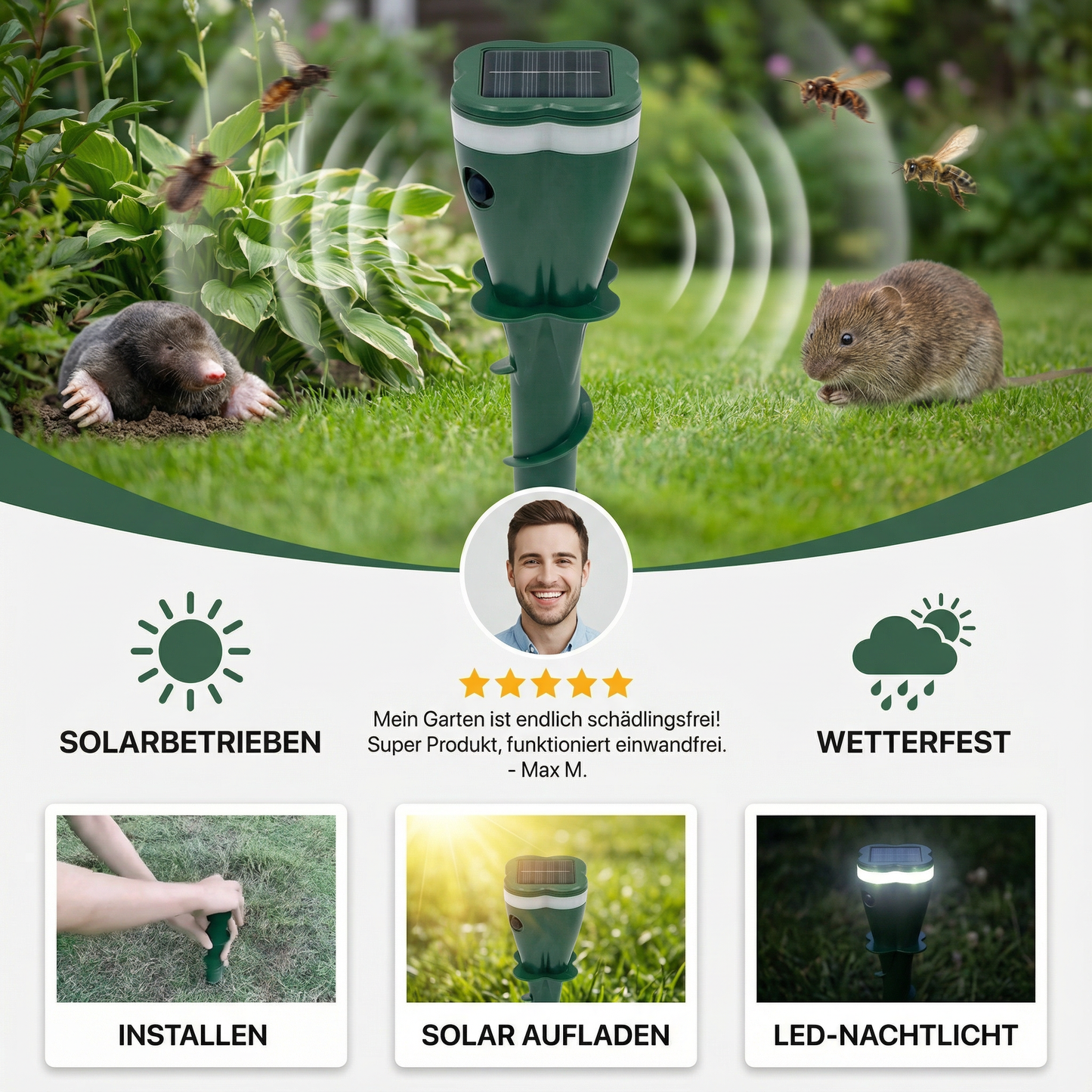 Solar Ultraschall Tier- und Insektenabwehrgerät