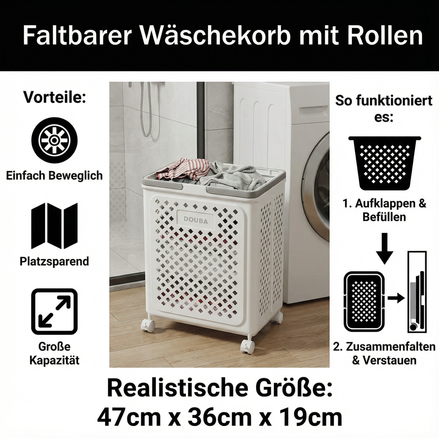 Faltbarer Wäschekorb mit Rollen