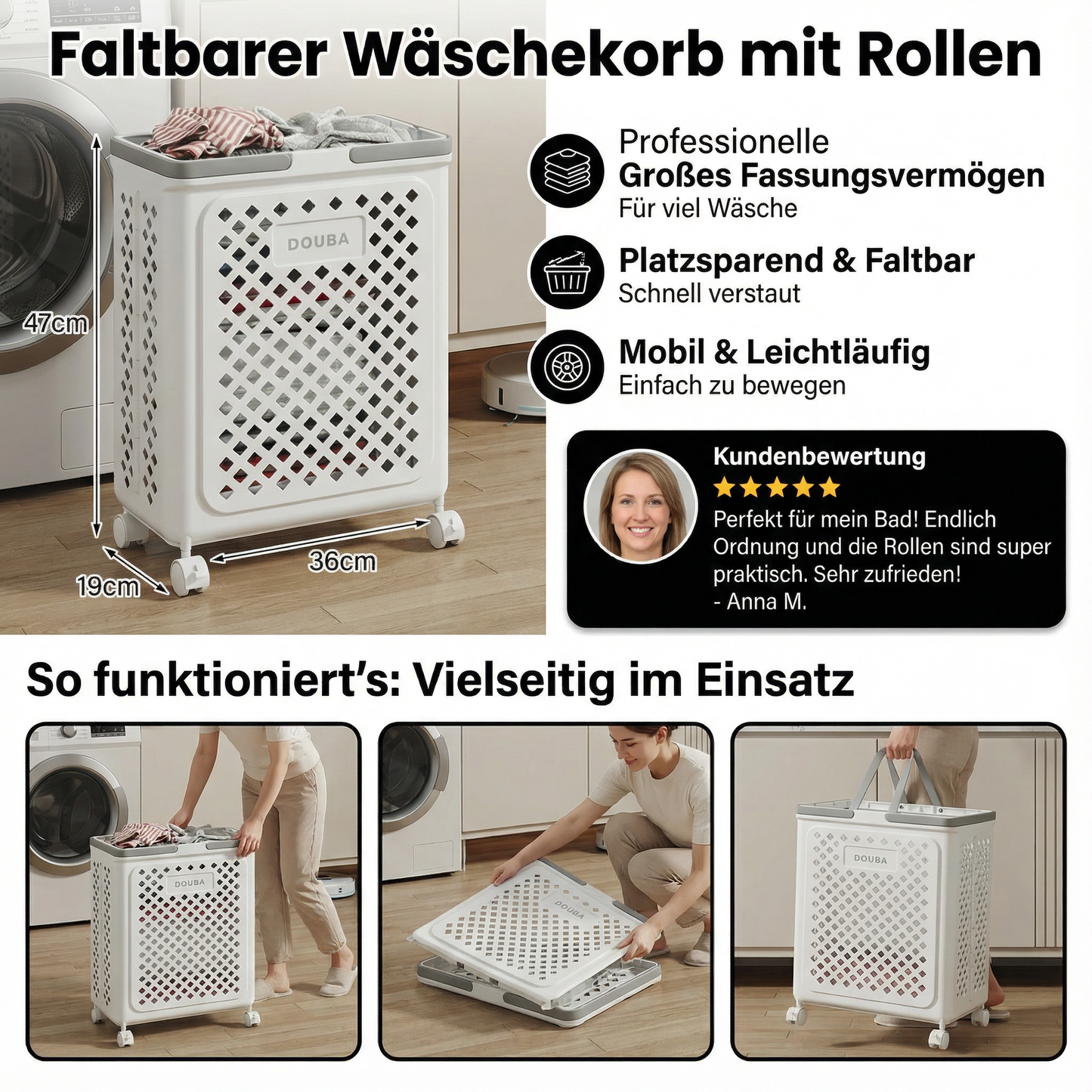 Faltbarer Wäschekorb mit Rollen