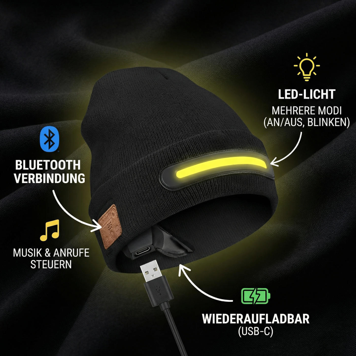 Warme Mütze mit Integrierten Bluetooth Kopfhörer und LED Licht Streifen