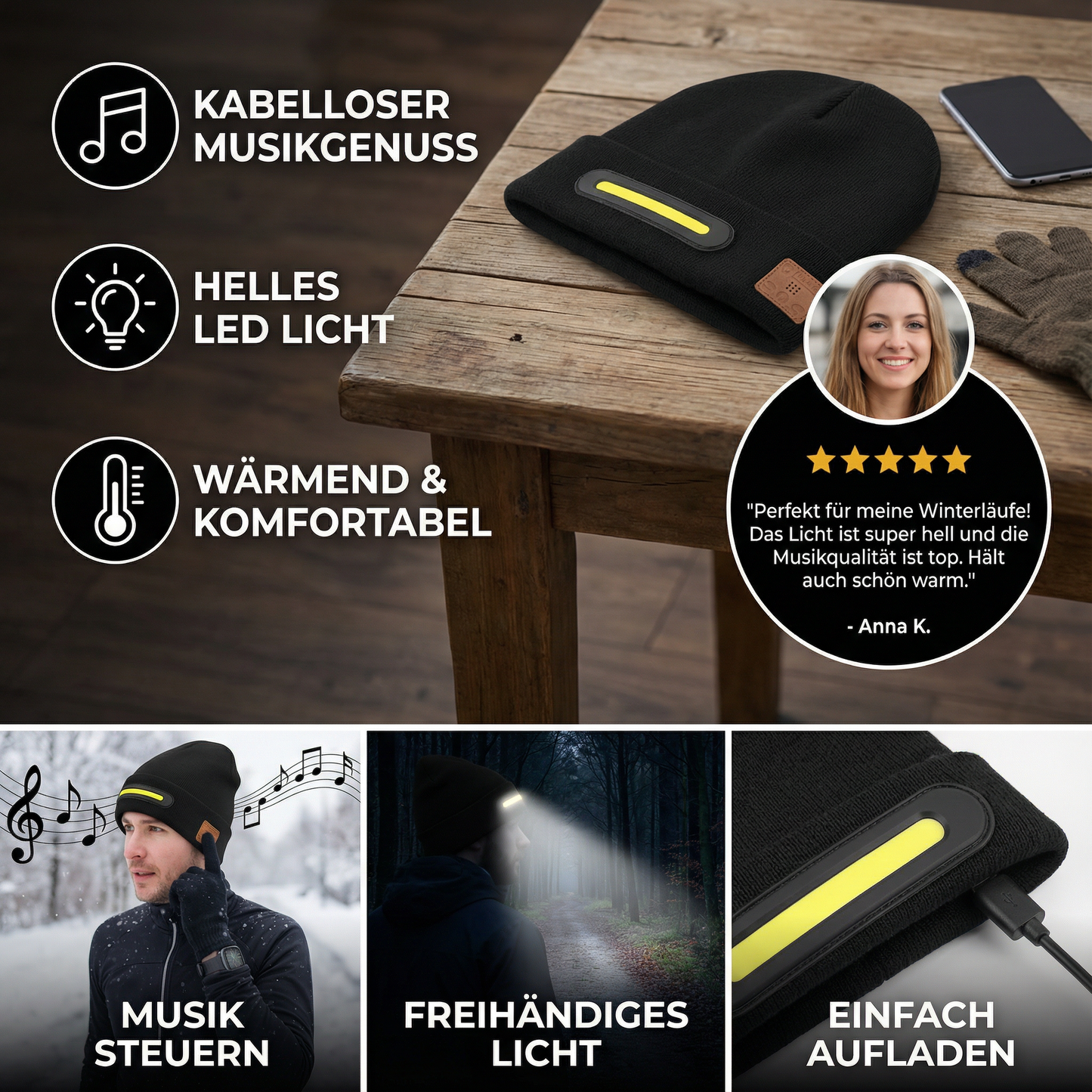 Warme Mütze mit Integrierten Bluetooth Kopfhörer und LED Licht Streifen